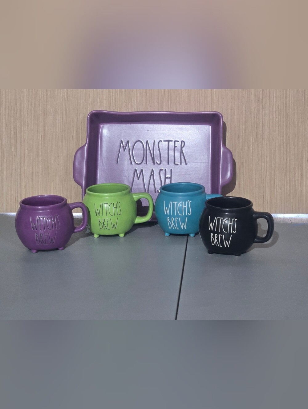 Rae Dunn Hallowee Lot Witch's Brew Cauldrons- Purple, Green, Teal, Black & Dish